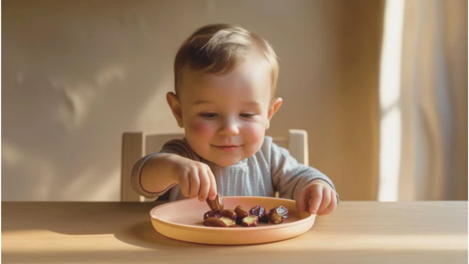 A baby sitting at a table, happily eating a piece of Dates