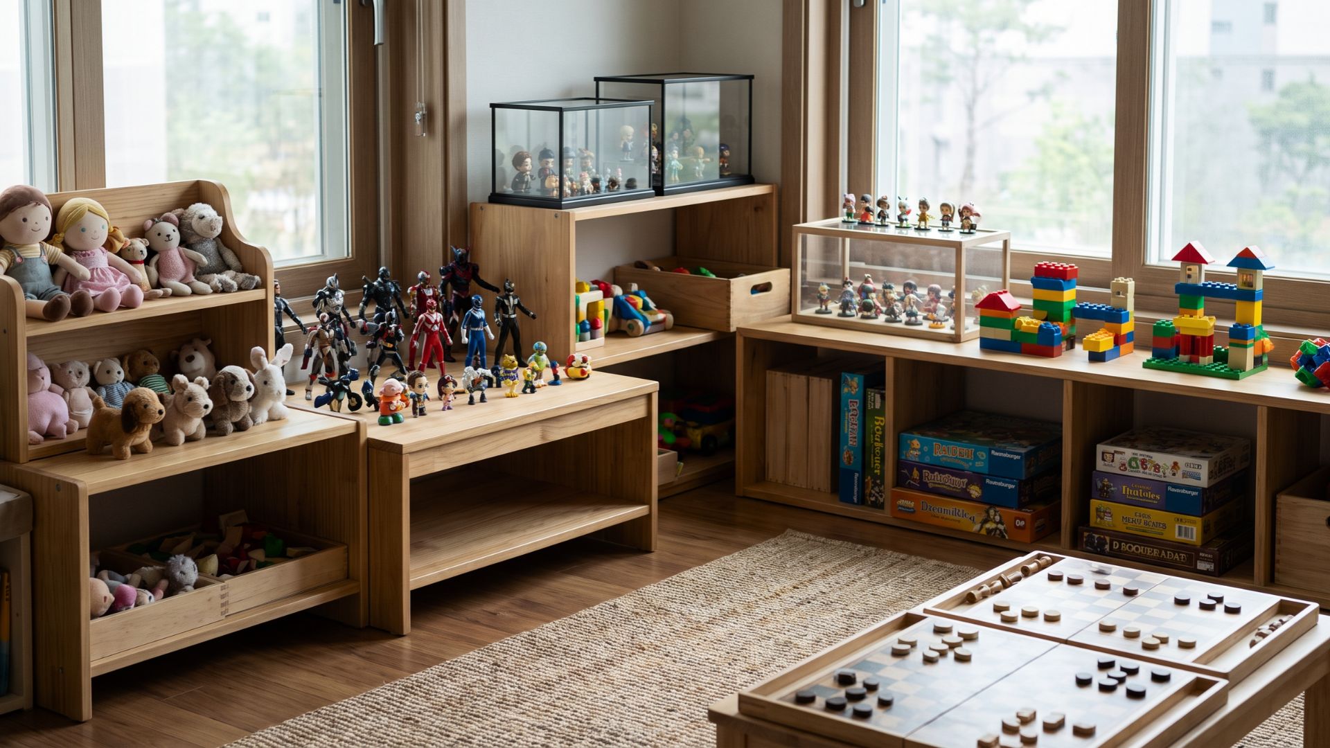Dolls, action figures, building sets, collectibles, and strategy games arranged in a home play area.