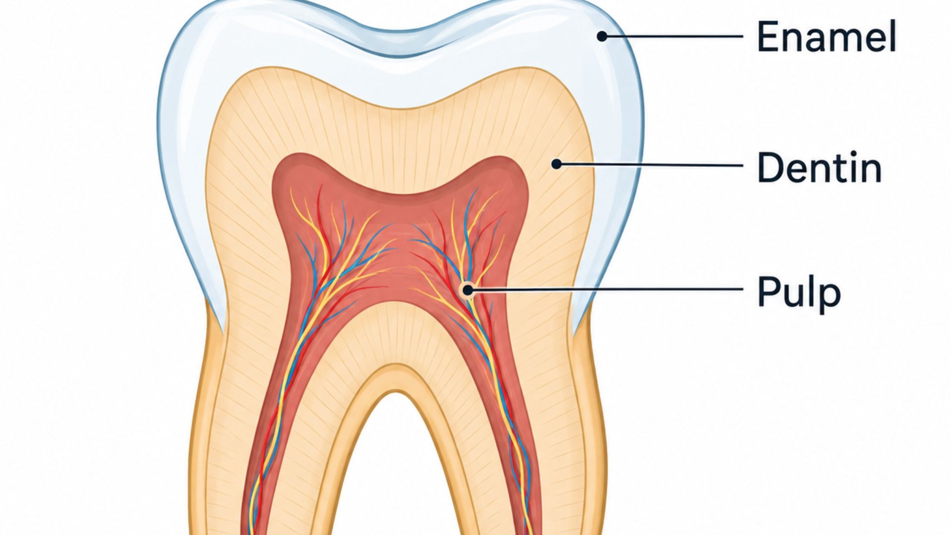 Cross-section diagram of tooth showing enamel, dentin, pulp layers labeled 