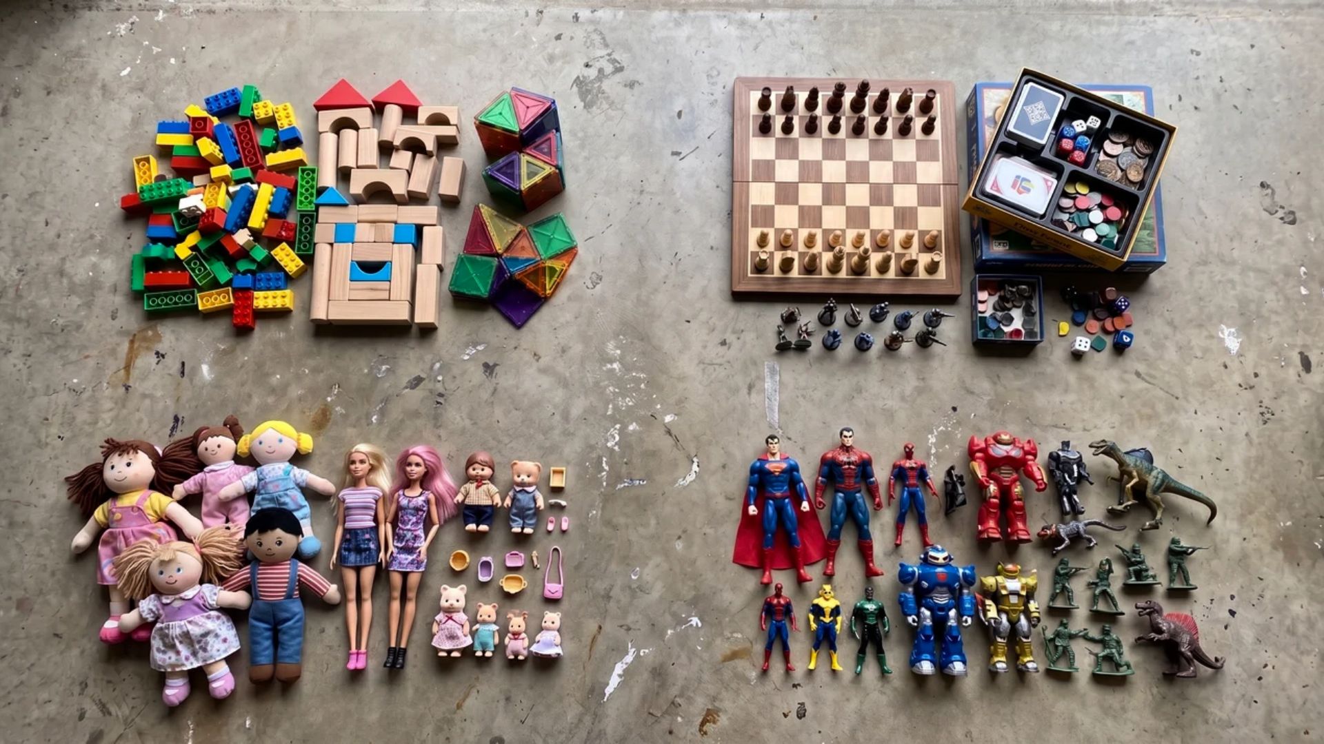 Building sets, strategy games, dolls, and action figures arranged on a play surface. 