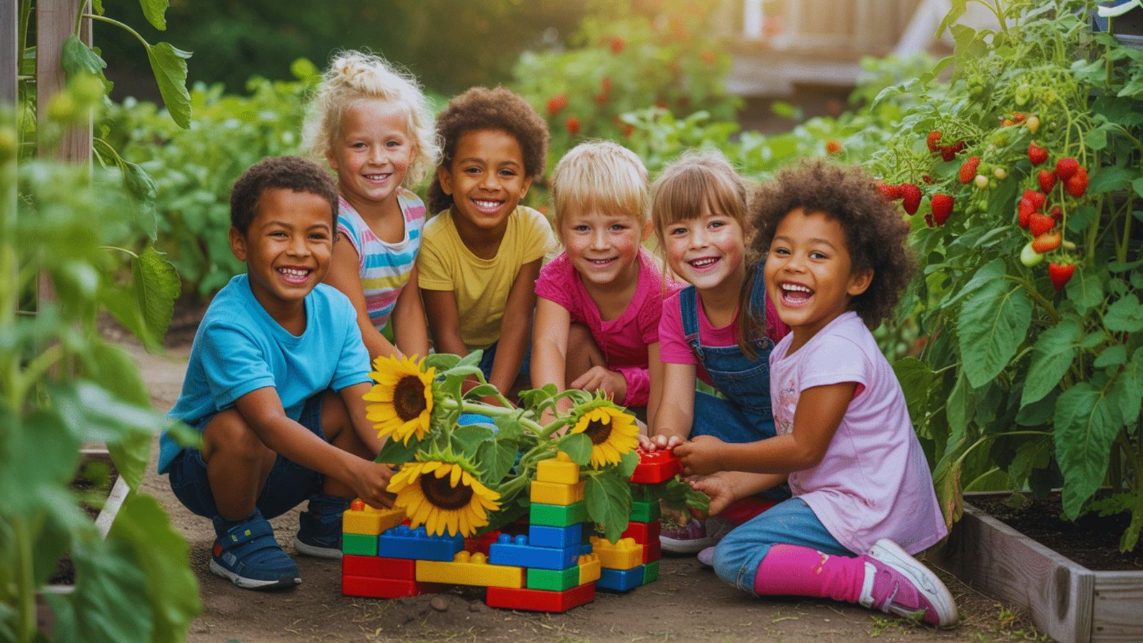 Children joyfully playing in a garden surrounded by tall sunflowers under a bright blue sky.