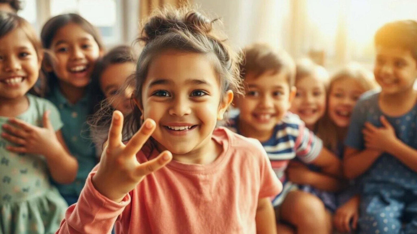 A group of smiling children waves cheerfully at the camera, showcasing their joy and excitement.