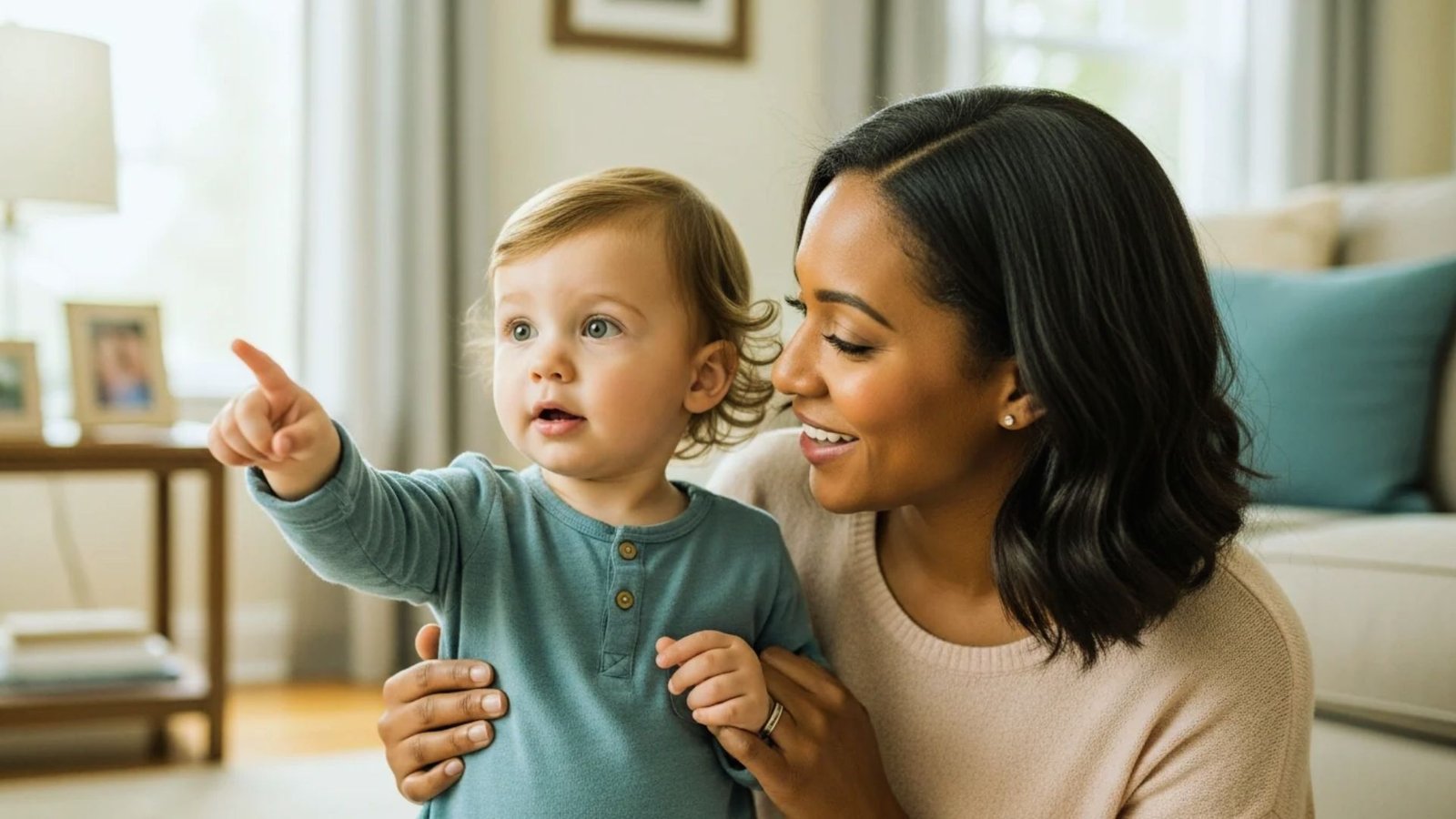 Mother smiling while holding a toddler indoors as the child points toward something, both sitting in a cozy living room setting