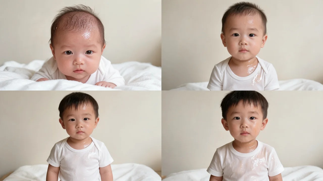 Babies and children of different ages showing where sweating appears as they grow 