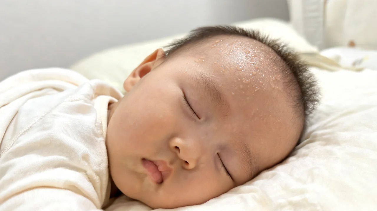 Newborn with light sweat on the forehead, where babies start sweating first