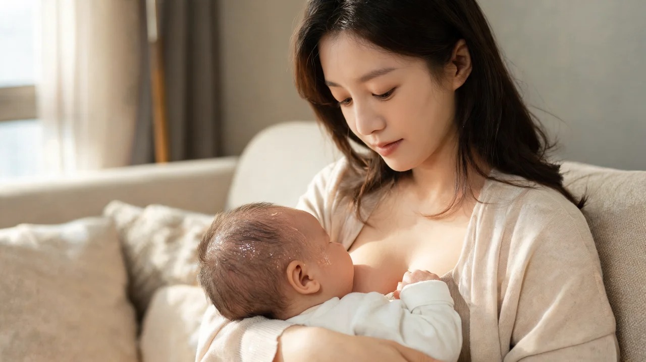 Parent breastfeeding a baby with slight sweat on the head and neck 