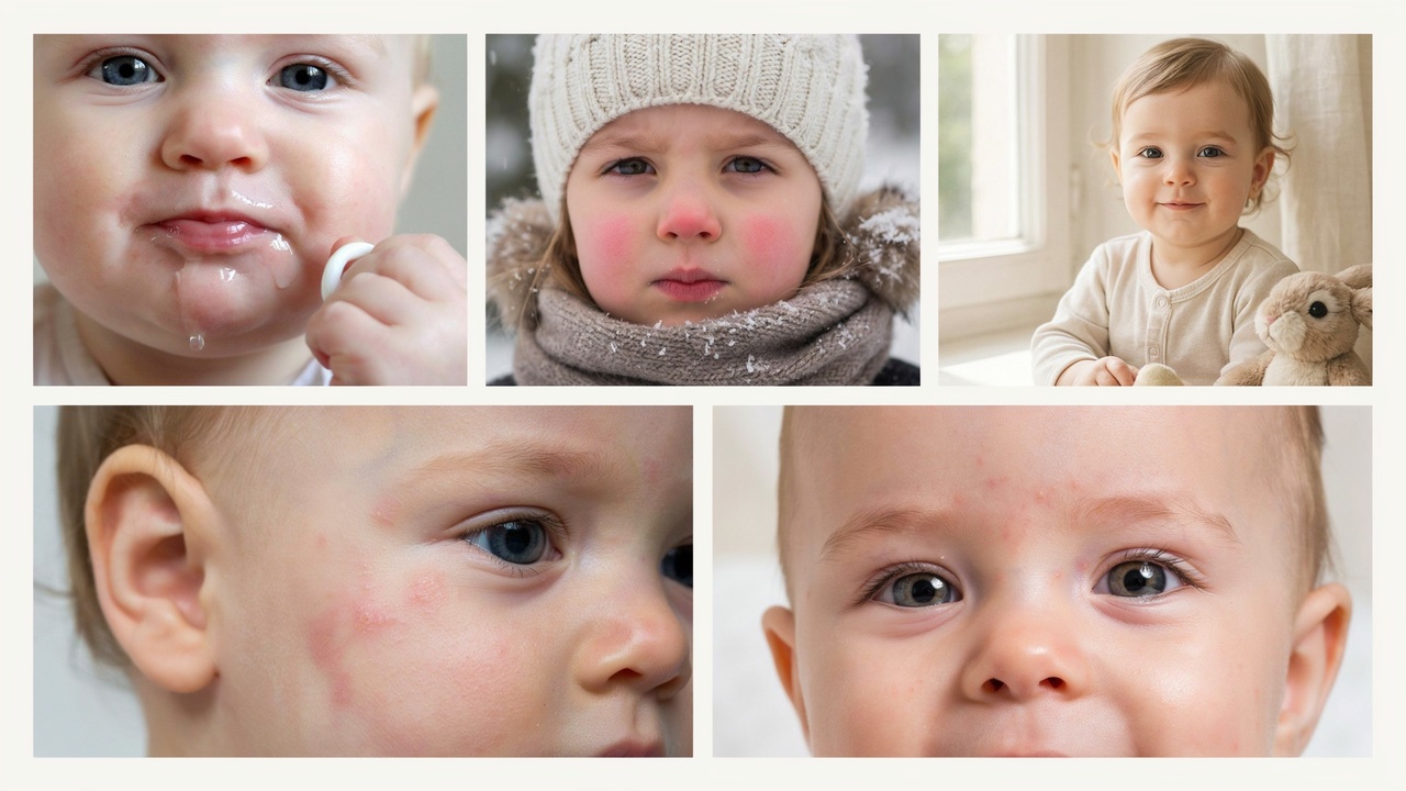 Common causes of red cheeks in babies shown through everyday situations.