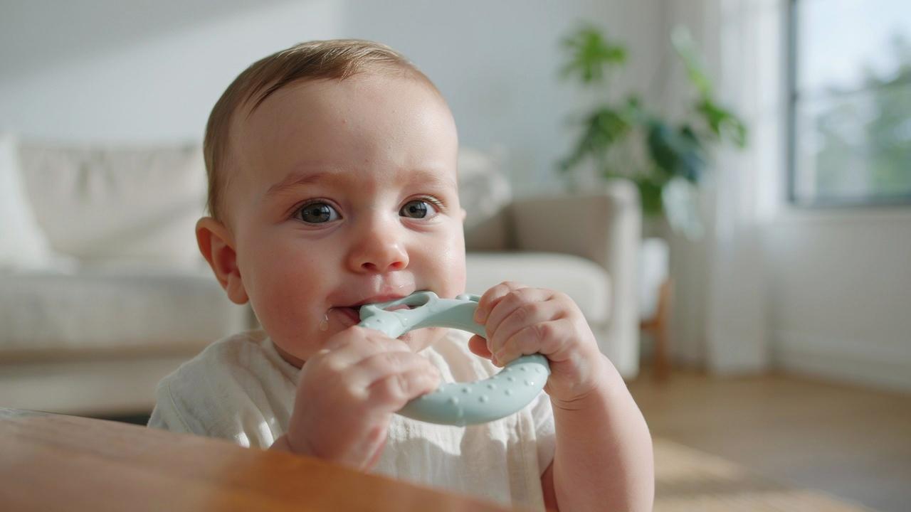 Teething baby chewing on a teething ring with visible drool.