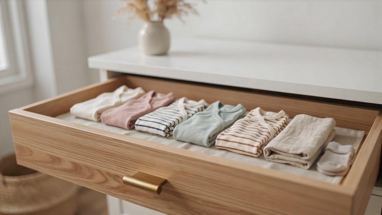 KonMari folded baby clothes standing vertically in the drawer.