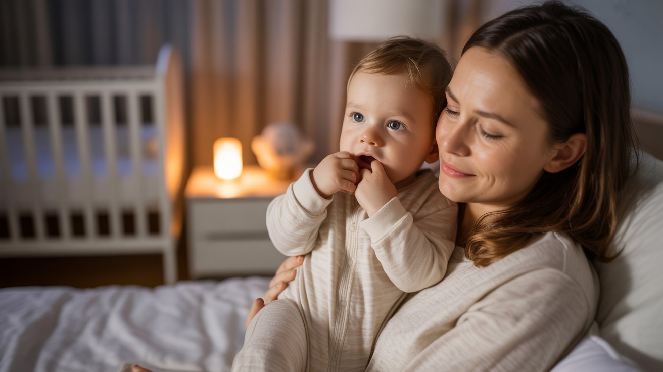 Parent comforting a teething baby during a sleepless night.