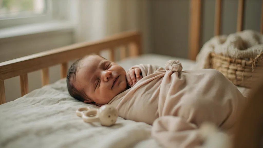 Newborn baby smiling peacefully while sleeping on a soft blanket, showing a normal infant sleep smile.