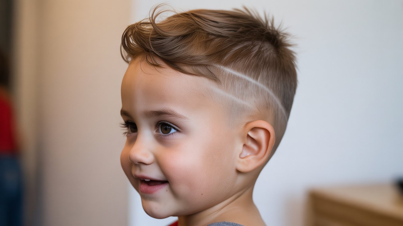 Toddler boy with a burst fade hairstyle.