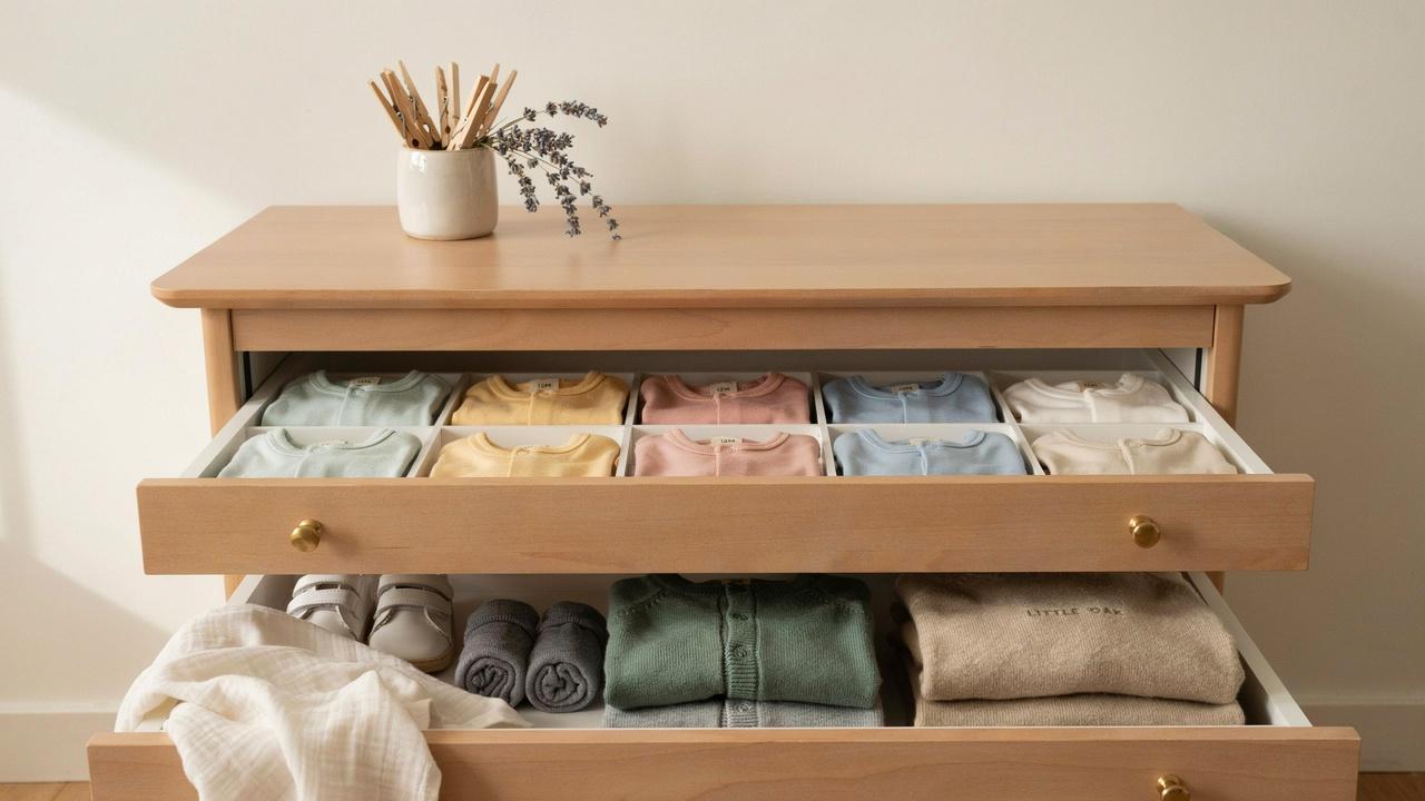 Organized clothing for babies aged 9 to 12 months.