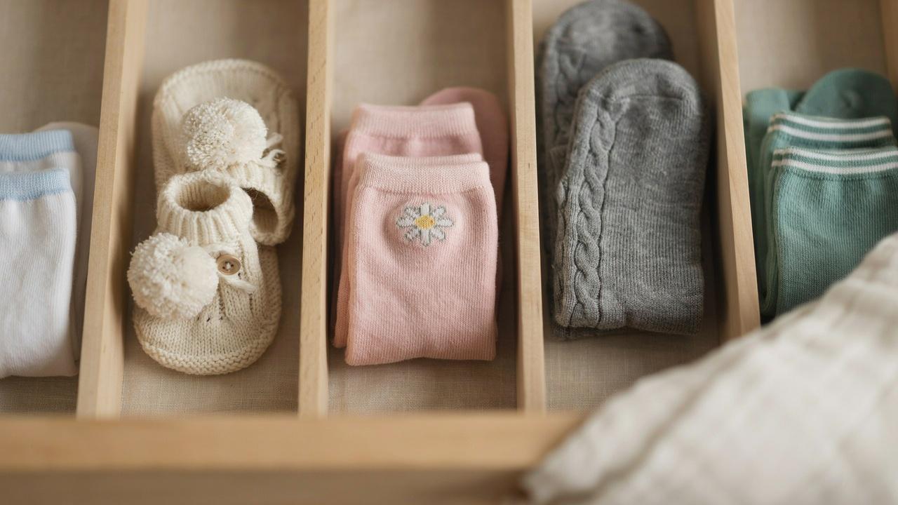 Baby socks and booties organized in a drawer.