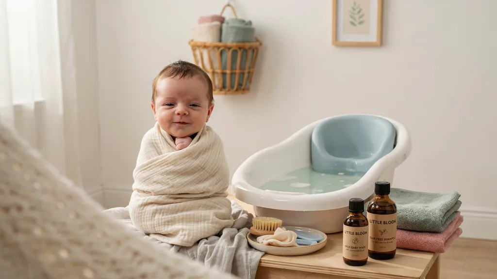 Baby bathing and hygiene essentials including towels, soap, shampoo, and grooming items.