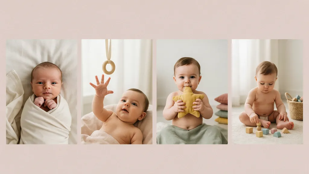 Baby grasping milestones chart showing how infants develop hand control from reflex gripping to pincer grasp between birth and 12 months.