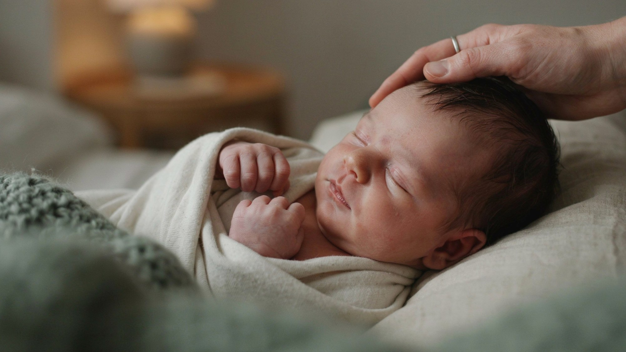Baby sleeping peacefully without a pacifier under the parent’s caress.