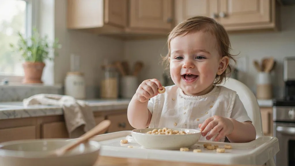 Baby safely eating plain Cheerios as a first finger food while practicing the pincer grasp.