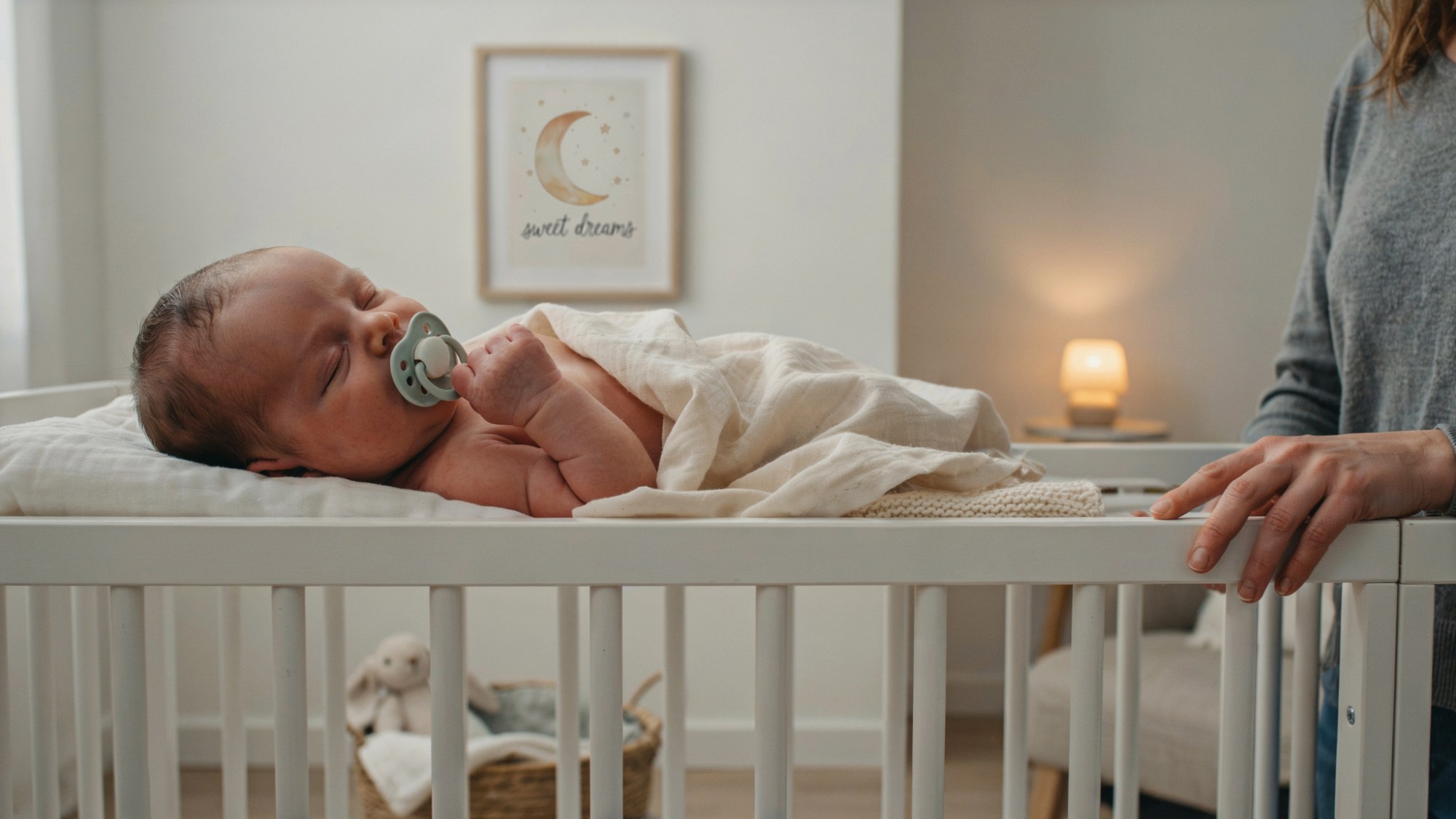 Sleeping newborn baby using a pacifier while a parent watches nearby.