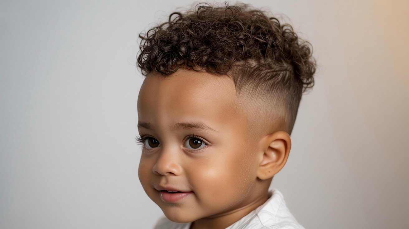 Toddler boy with textured top fade hairstyle.