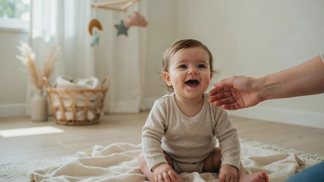 Smiling baby becoming calmer as early development progresses.