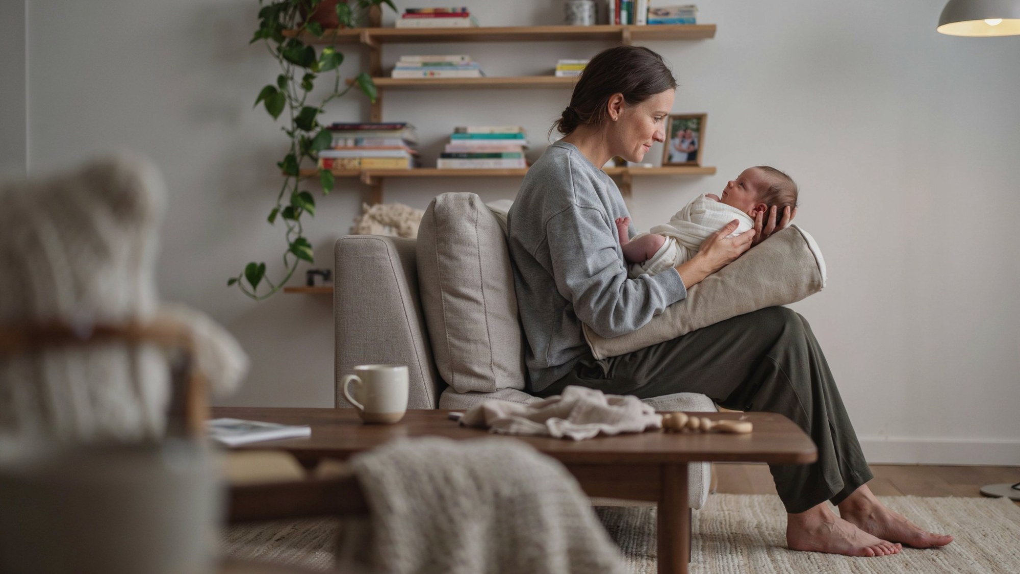Parent holding a baby in football hold position for feeding support.