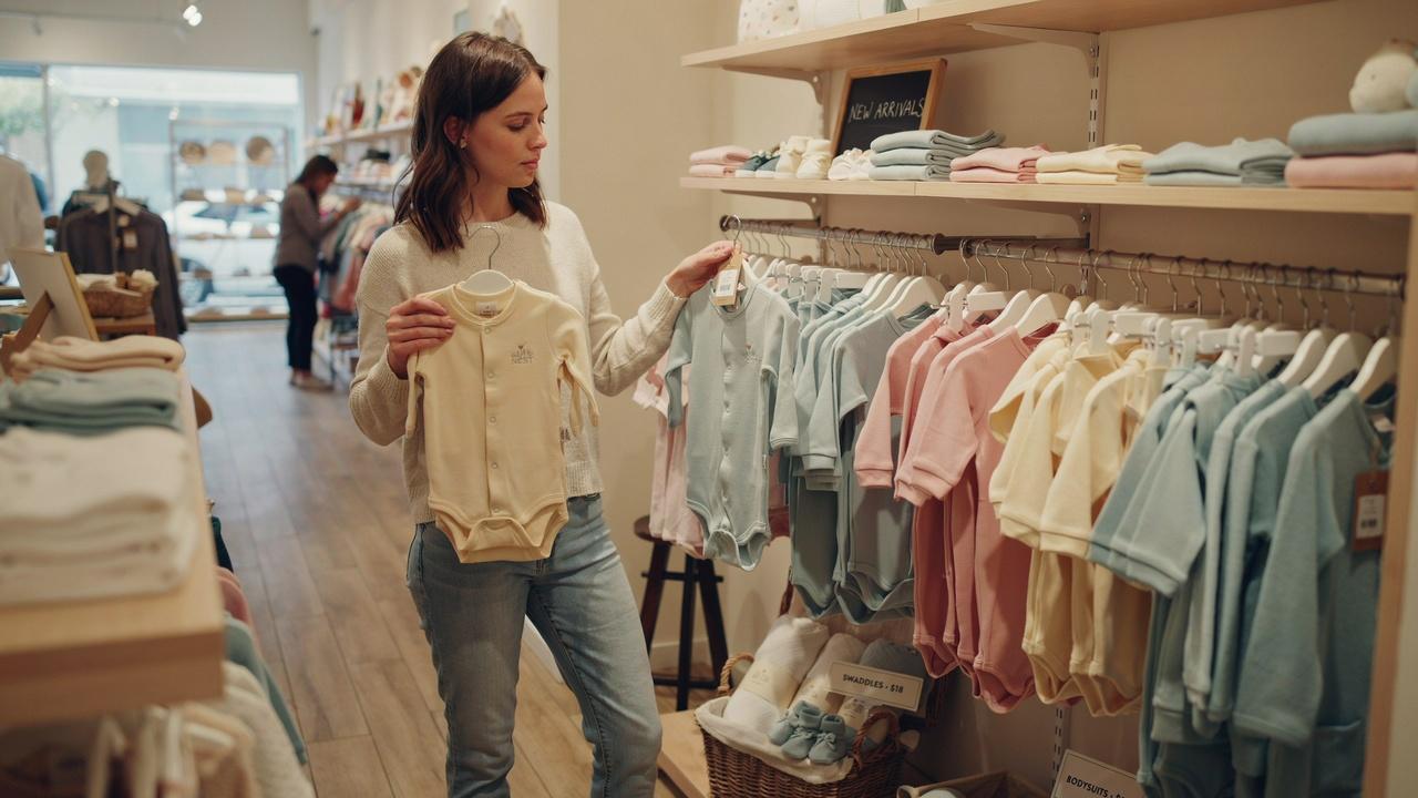 Parents choosing baby clothes in a store.