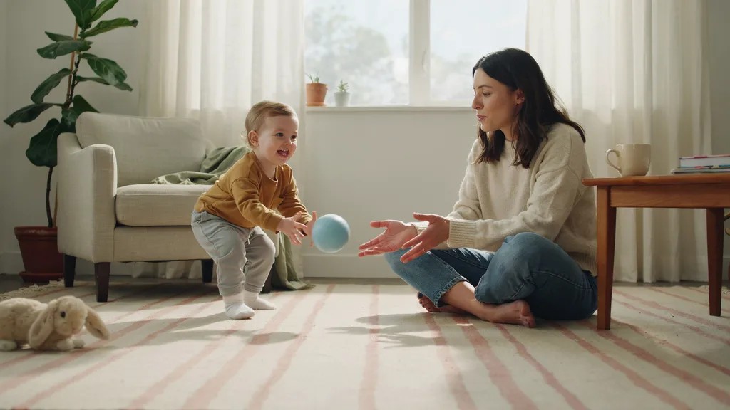 Toddler rolling a ball during interactive play with parent.