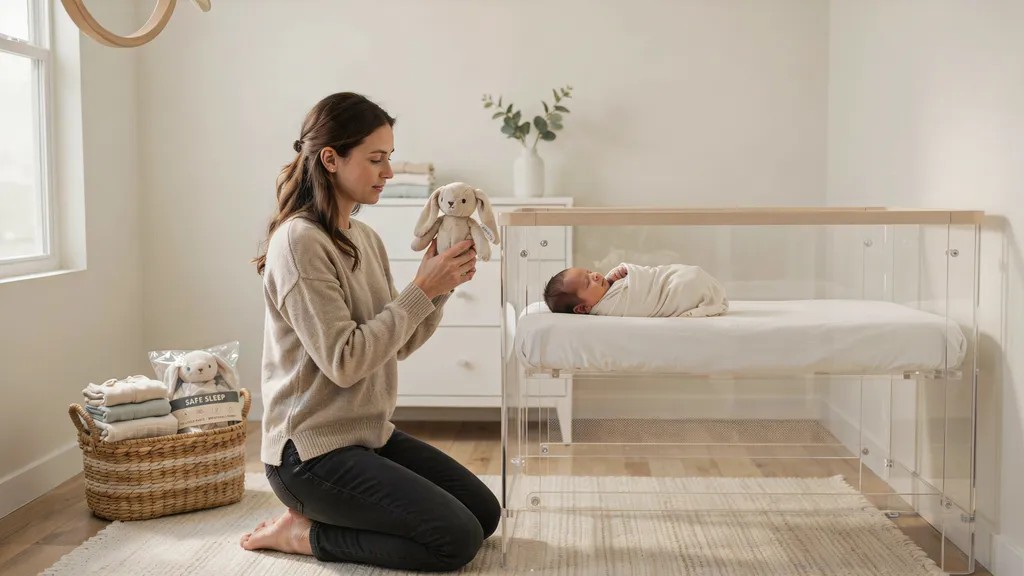 Parent checking a baby lovey for safety before introducing it during sleep.