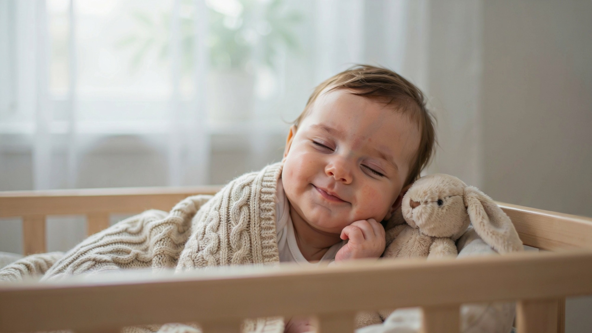 Sleeping baby smiling gently during early development in a cozy environment.