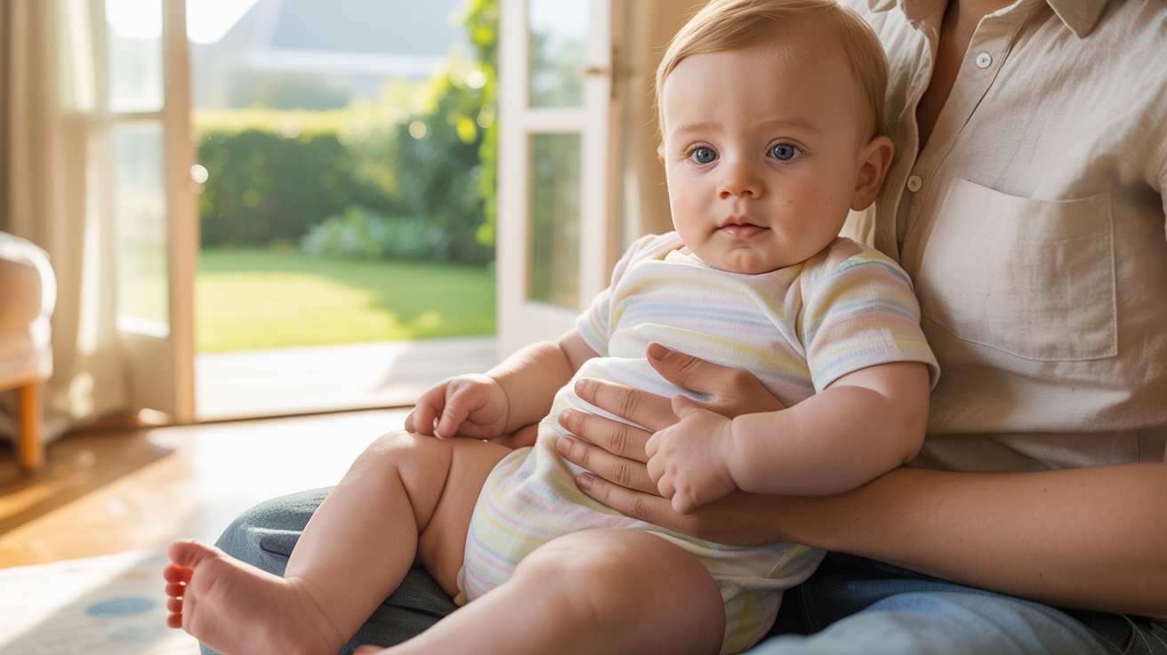 Baby wearing light cotton clothes suitable for warm daytime weather.