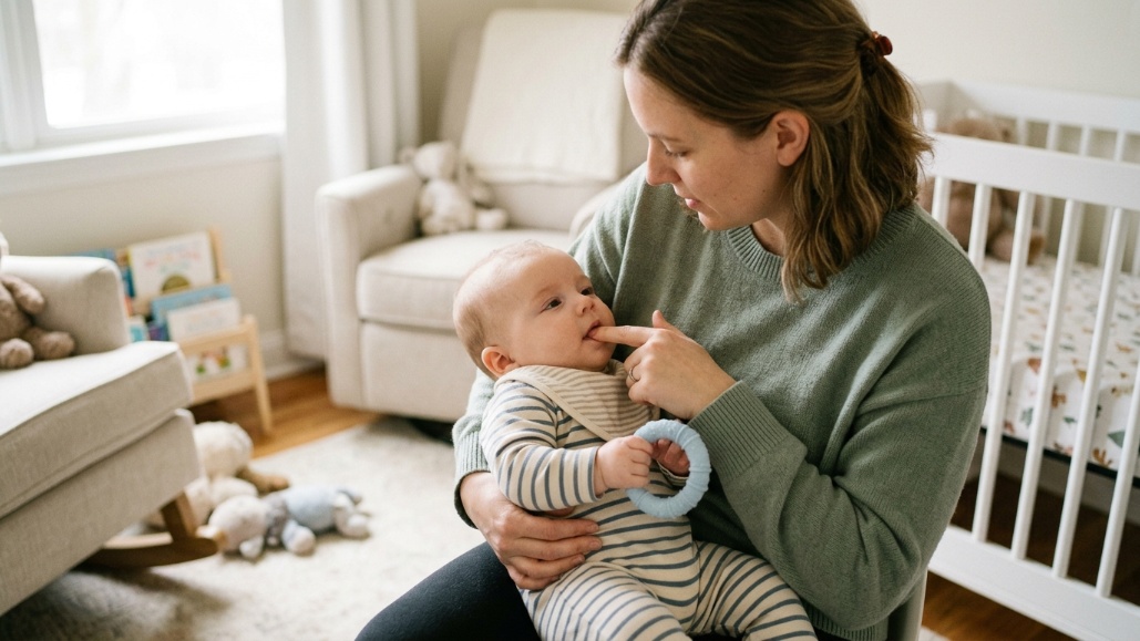 Parent soothing a teething baby with gentle gum massage.