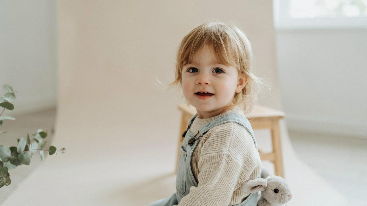Toddler boy with feathered haircut.