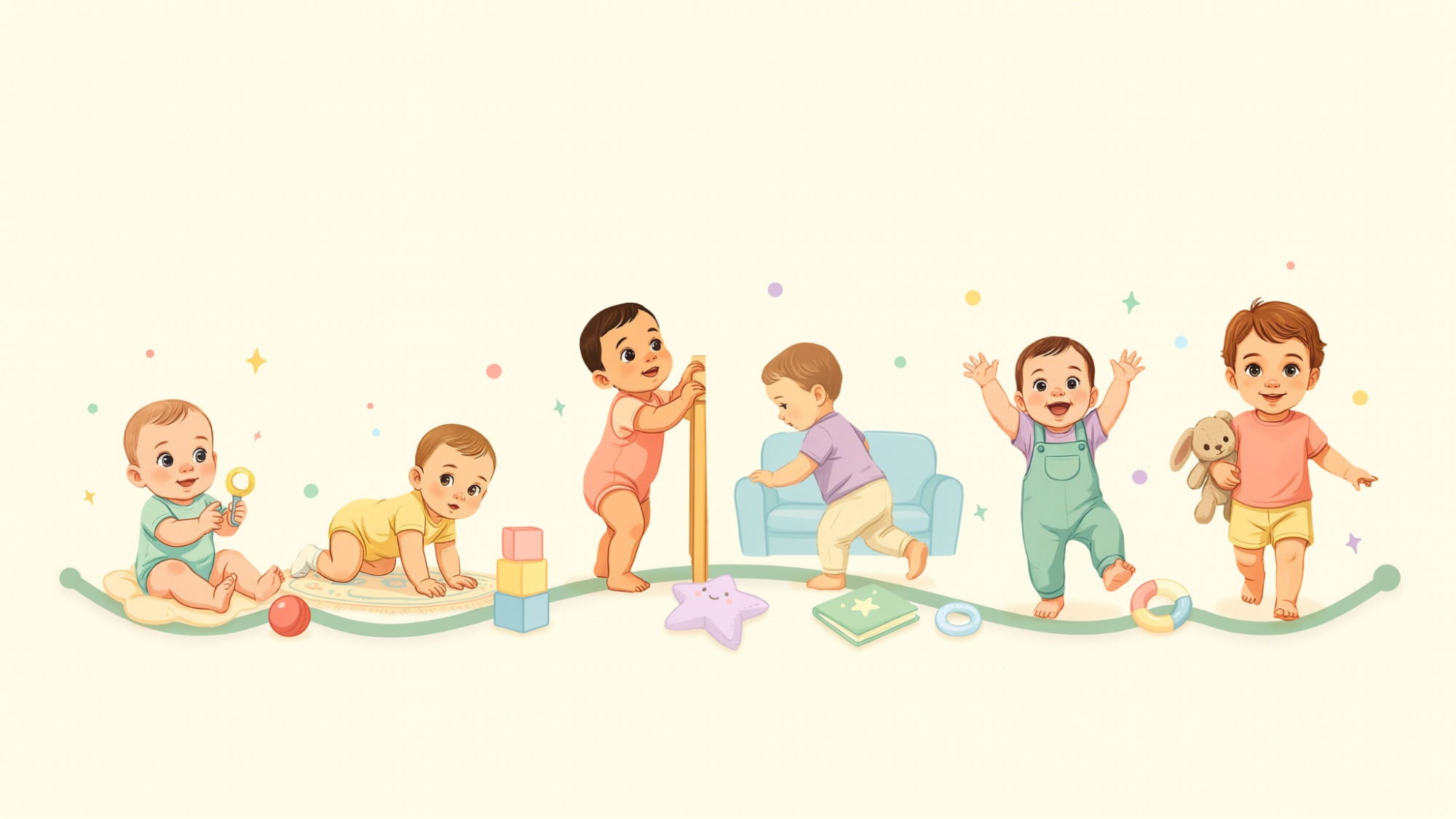 Baby milestone chart showing sitting, crawling, standing, cruising, first independent steps, and confident walking between six and eighteen months of development.