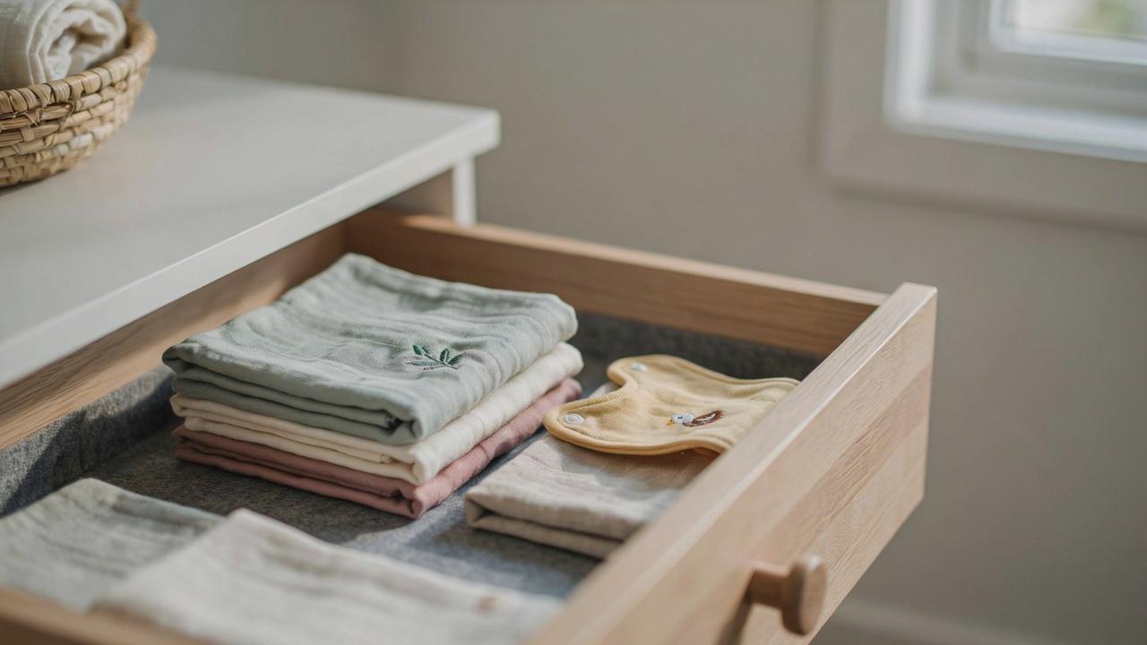 Folded baby bibs and burp cloths.