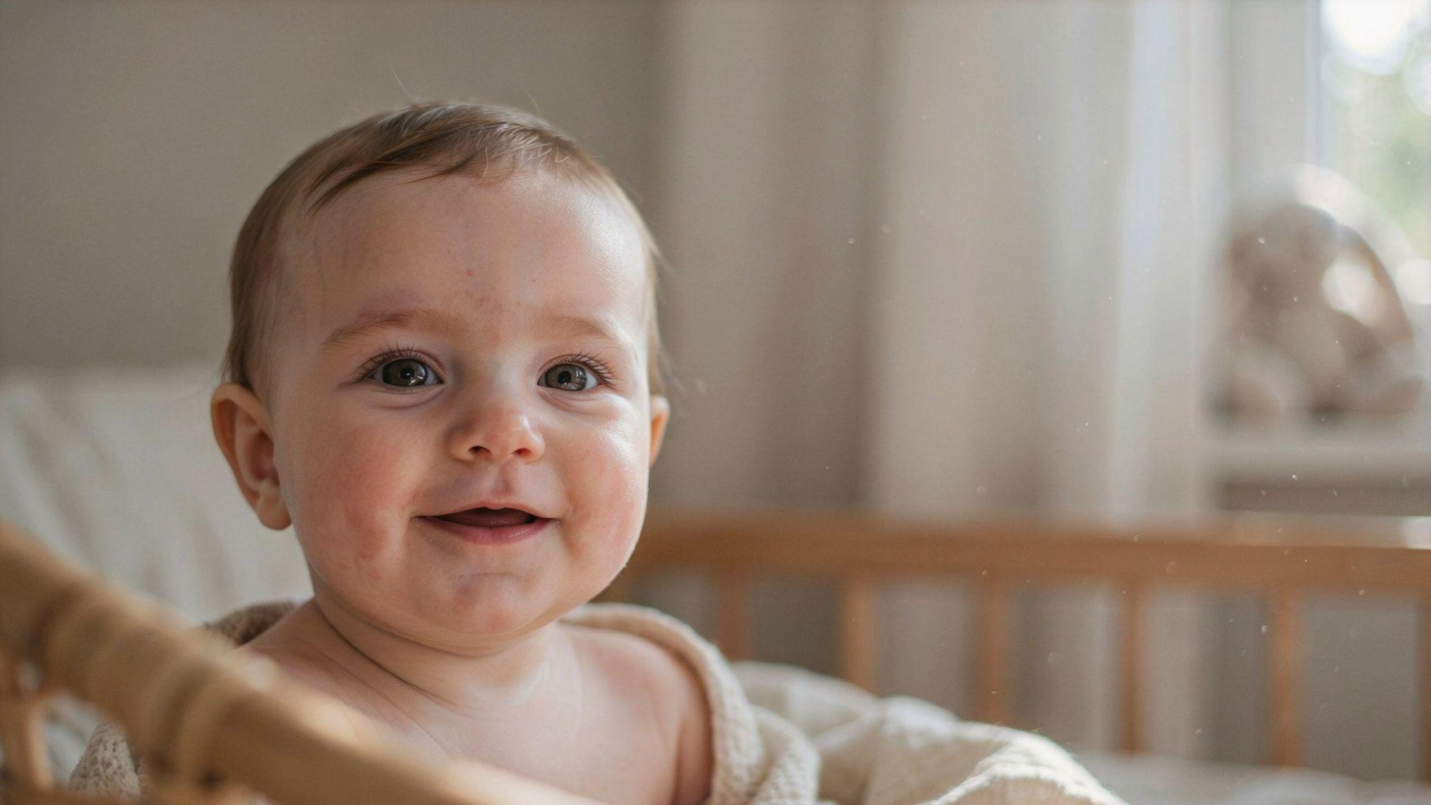 Baby with naturally rosy red cheeks smiling in soft natural light inside cozy nursery.