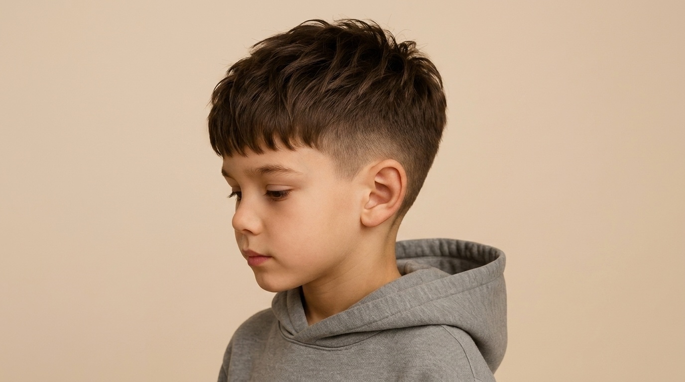 Toddler boy with a textured crop haircut.