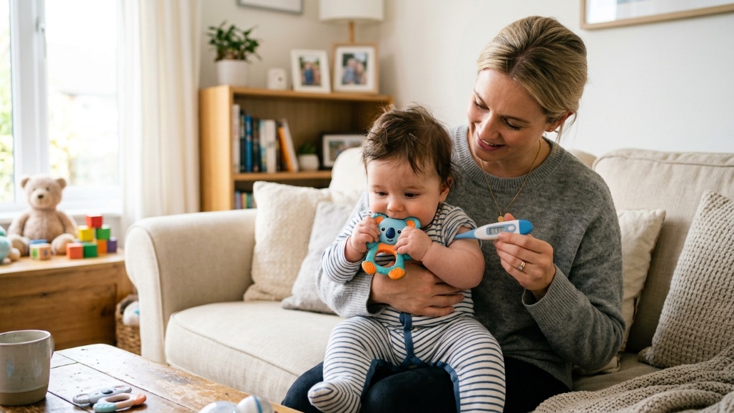 Parent checking a teething baby's temperature at home.