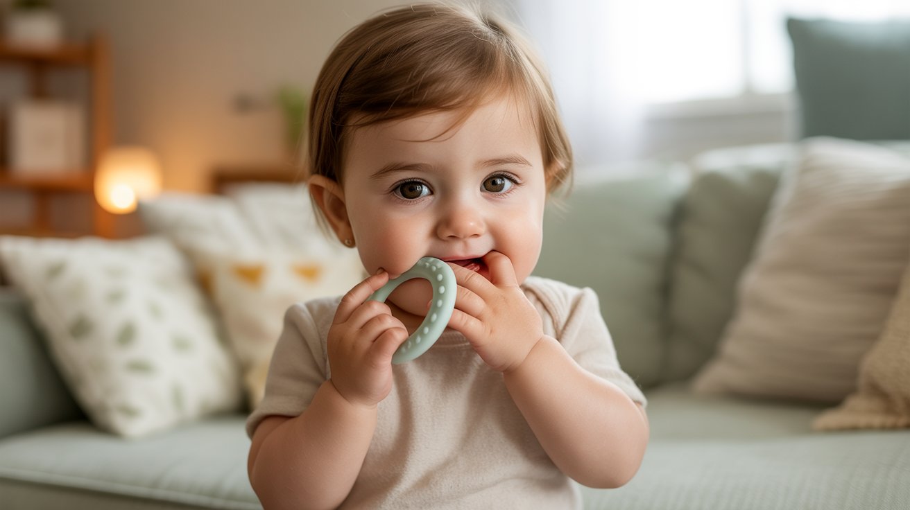 Toddler using a teething ring to help soothe discomfort from erupting molars.