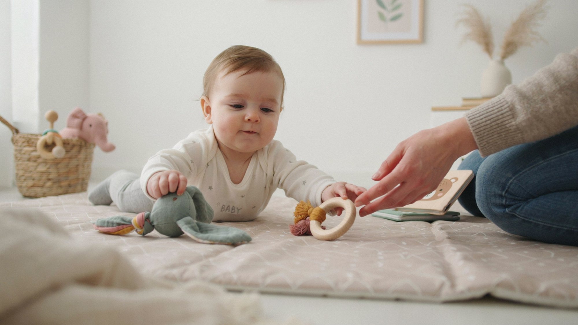 Baby playing with a lovey during awake time with parent supervision.