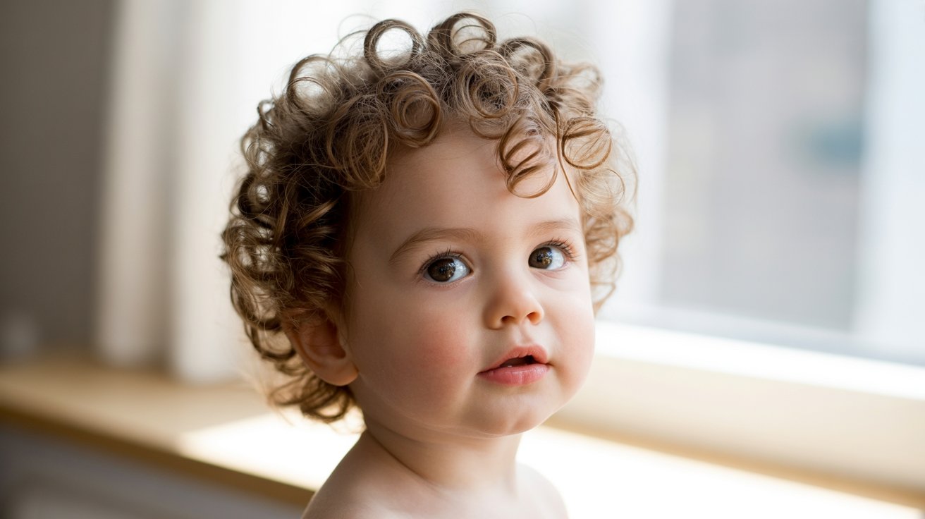 Toddler boy with curly mop top hairstyle.
