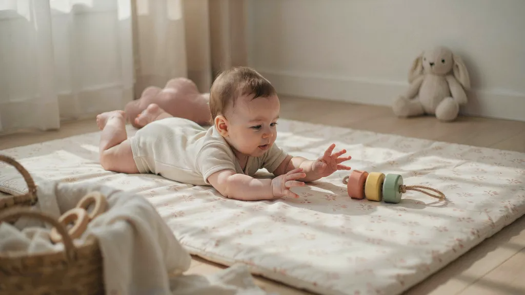 Parenting blog illustration of a baby’s early development, showing curiosity about when infants start reaching and grabbing objects.