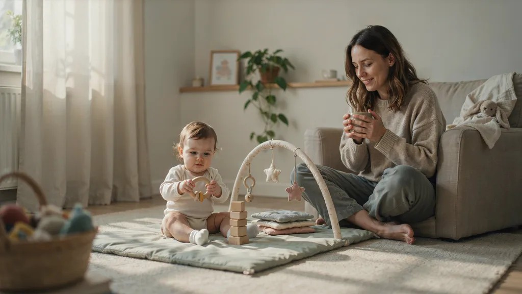 Six-month-old baby exploring new skills during a sleep regression stage.