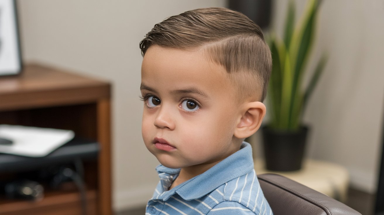 Toddler boy with a mid fade haircut.