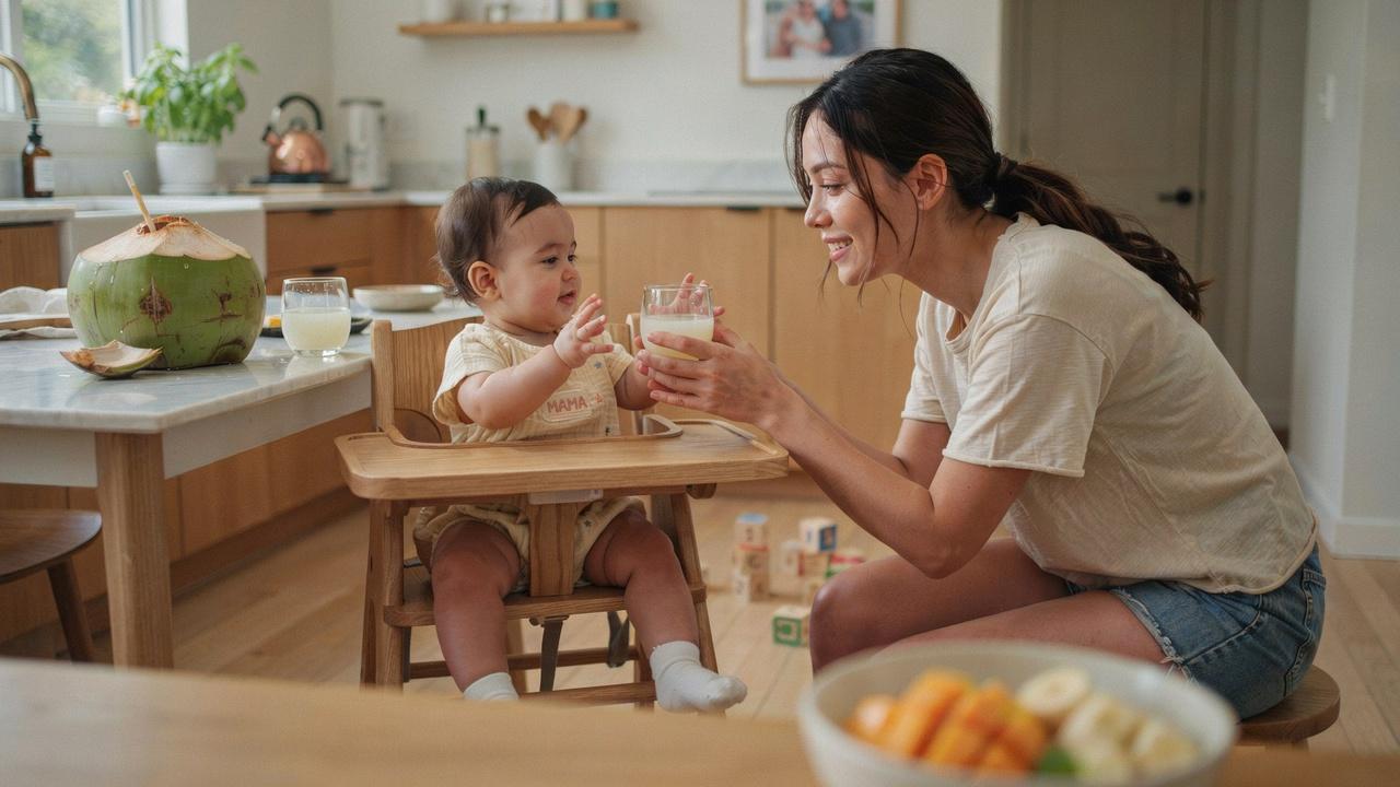 Baby sits in a high chair while parent offers fresh coconut water in a small cup safely.