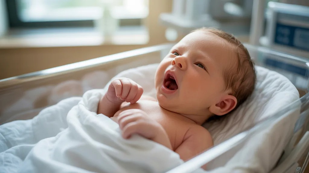 Newborn baby showing a tiny tooth shortly after birth.