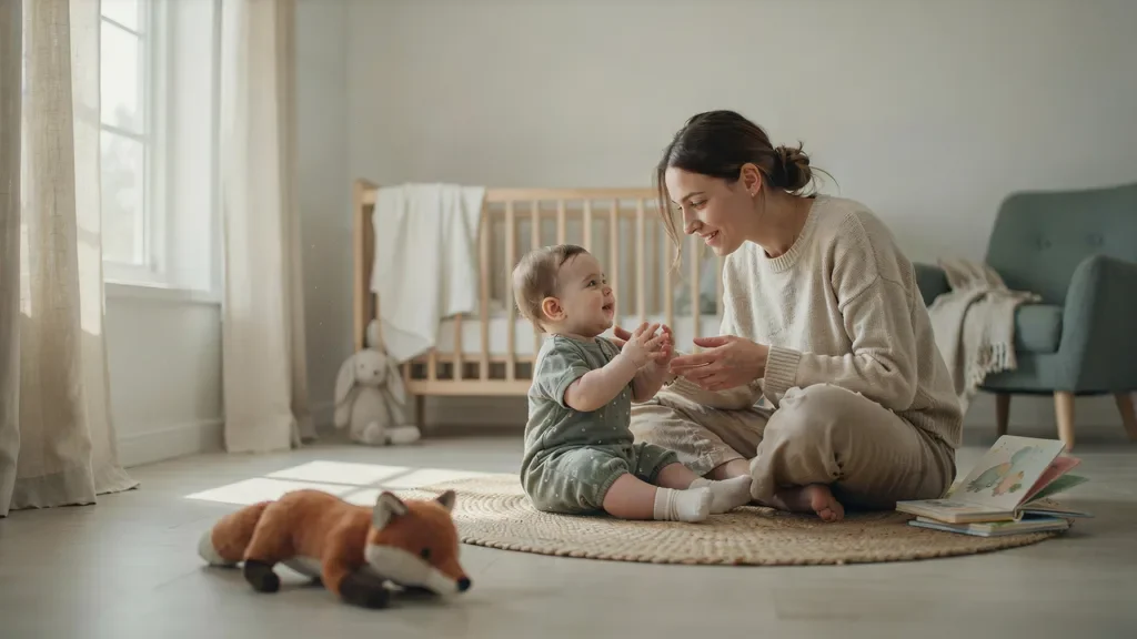 Mother smiling at her baby in a cozy nursery as the baby babbles during early speech development.
