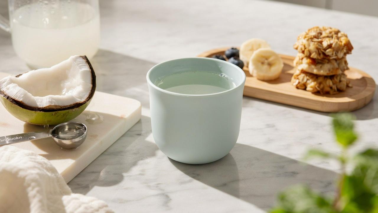 Fresh coconut water served in a baby cup beside a young coconut and simple feeding essentials safely.