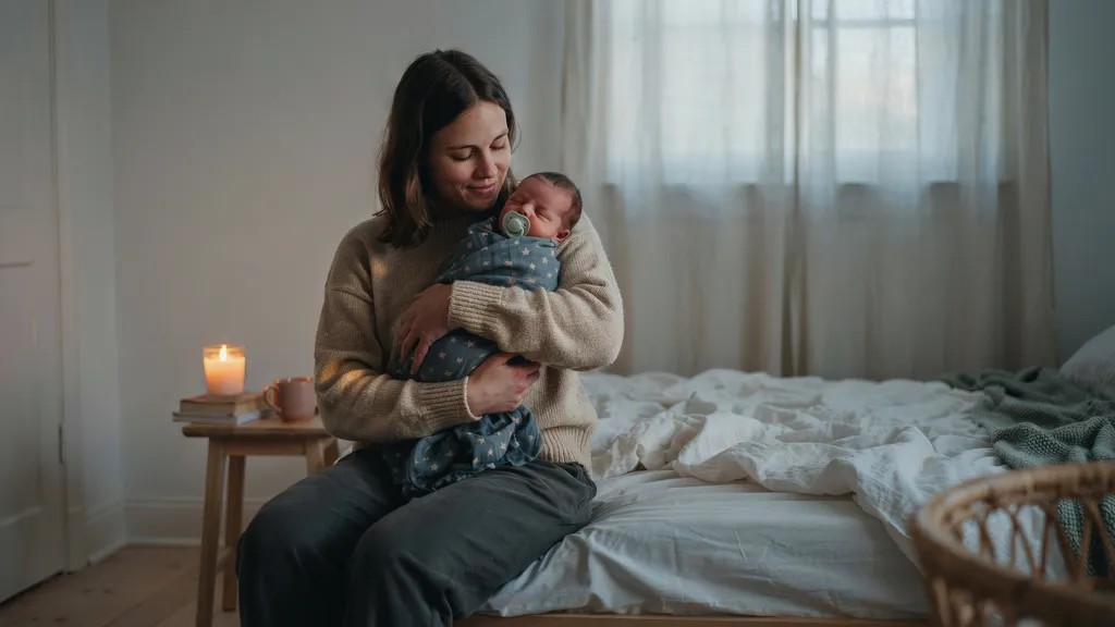 Parent comforting a relaxed newborn with a pacifier before sleep.