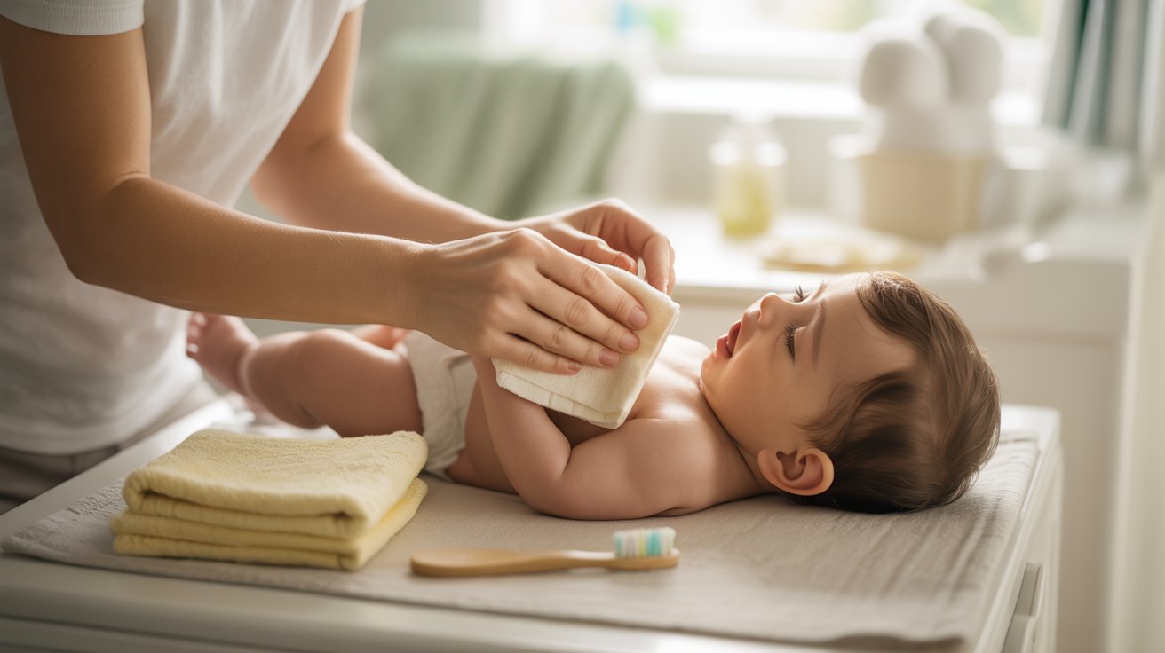 Parent gently cleaning baby gums with damp washcloth, soft toothbrush nearby, bright clean nursery setting.